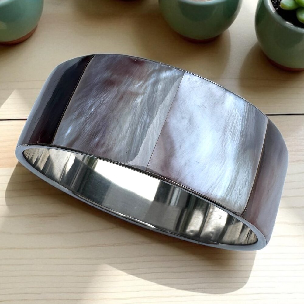 Silver Tone Bangle Bracelet Grey Blue Abalone Shells Panels Costume Jewelry